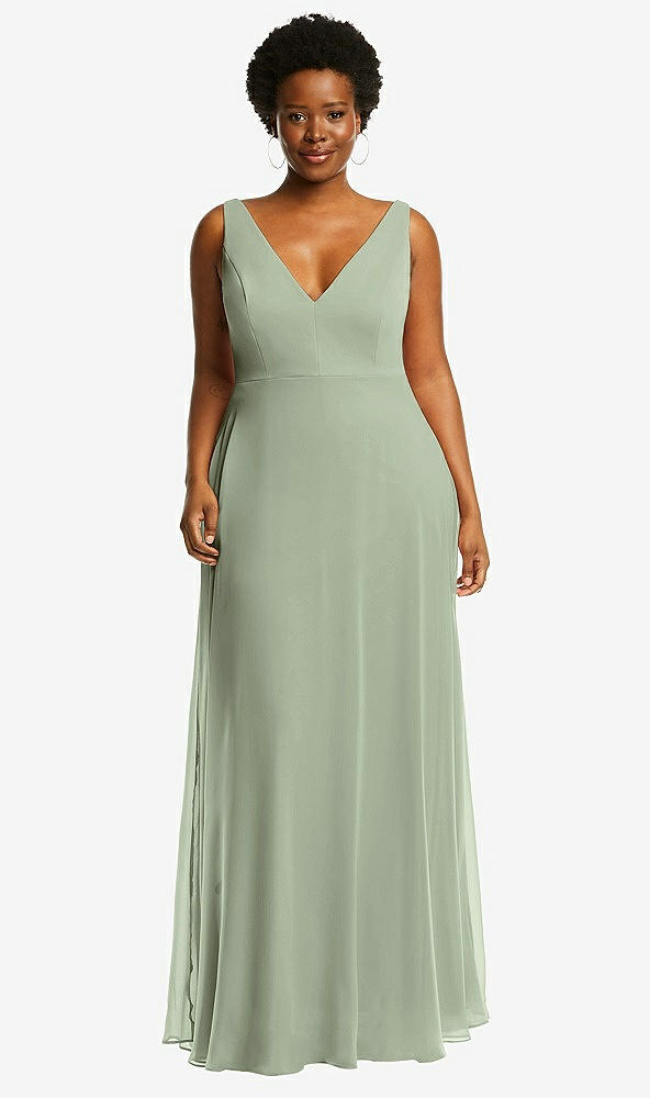 Front View - Sage Deep V-Neck Chiffon Maxi Dress