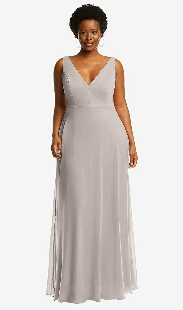 Front View - Taupe Deep V-Neck Chiffon Maxi Dress