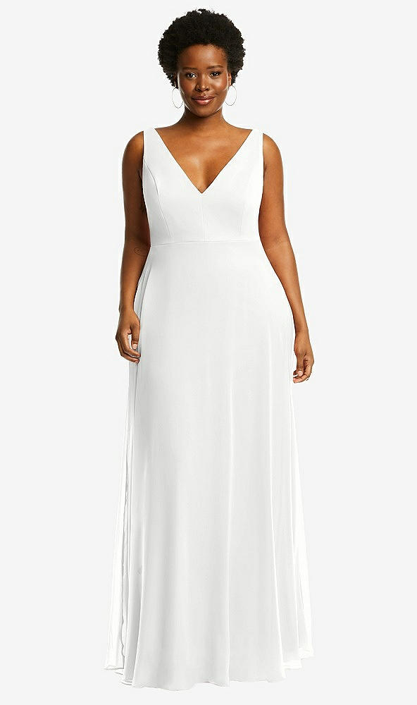 Front View - White Deep V-Neck Chiffon Maxi Dress