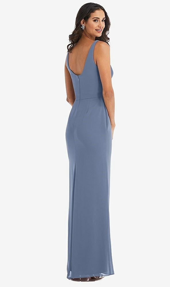 Back View - Larkspur Blue Scoop Neck Open-Back Trumpet Gown