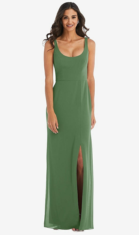 Front View - Vineyard Green Scoop Neck Open-Back Trumpet Gown