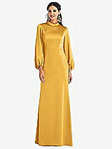 Front View Thumbnail - NYC Yellow High Collar Puff Sleeve Trumpet Gown - Darby