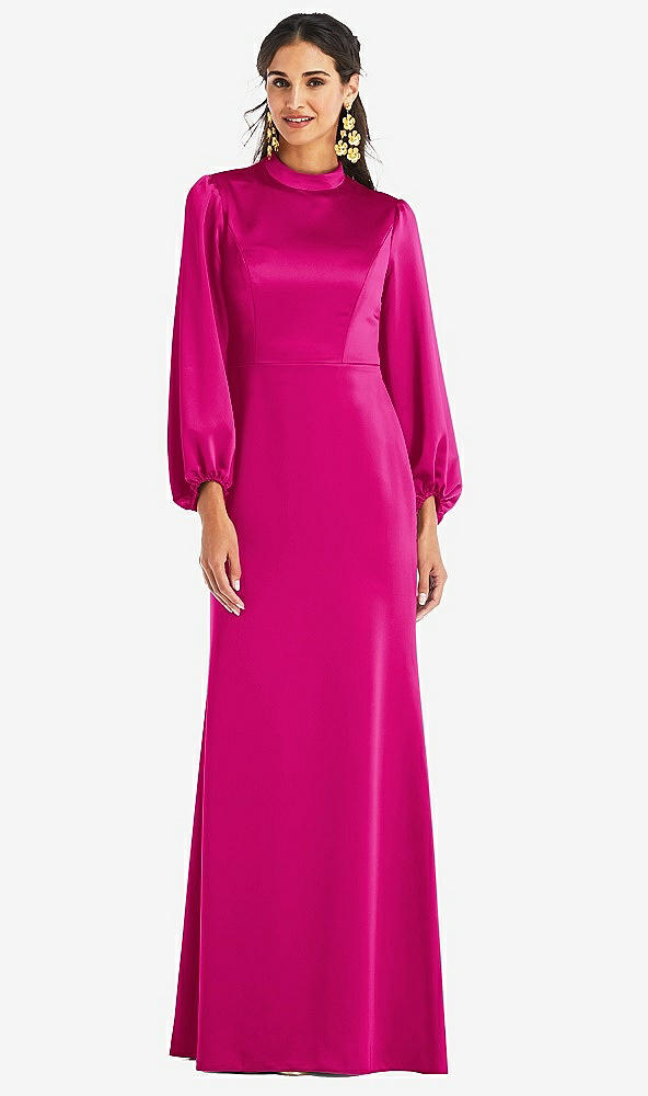 Front View - Think Pink High Collar Puff Sleeve Trumpet Gown - Darby