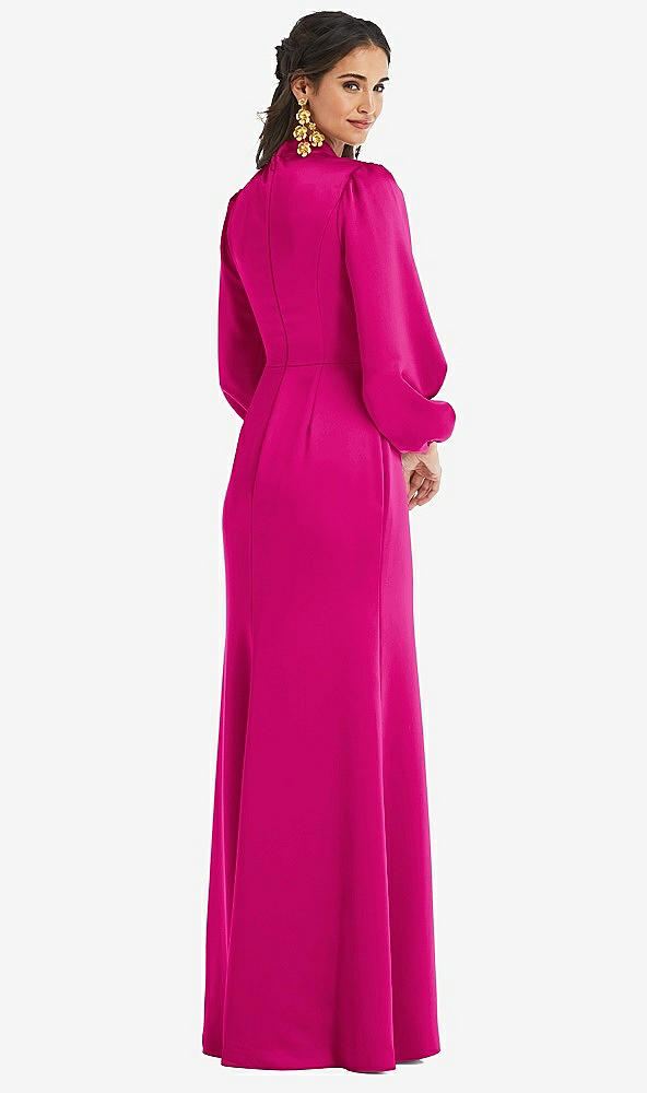 Back View - Think Pink High Collar Puff Sleeve Trumpet Gown - Darby