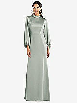 Front View Thumbnail - Willow Green High Collar Puff Sleeve Trumpet Gown - Darby