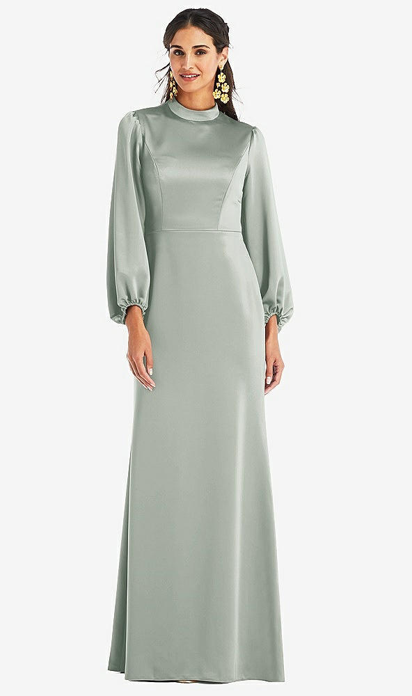 Front View - Willow Green High Collar Puff Sleeve Trumpet Gown - Darby