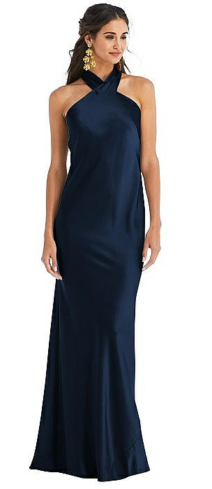 Draped Twist Halter Tie-Back Trumpet Gown