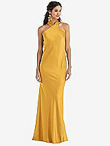 Front View Thumbnail - NYC Yellow Draped Twist Halter Tie-Back Trumpet Gown