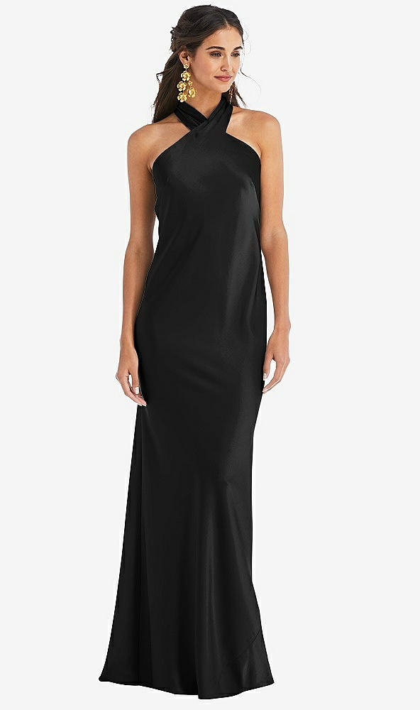 Front View - Black Draped Twist Halter Tie-Back Trumpet Gown