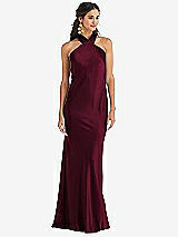 Front View Thumbnail - Cabernet Draped Twist Halter Tie-Back Trumpet Gown