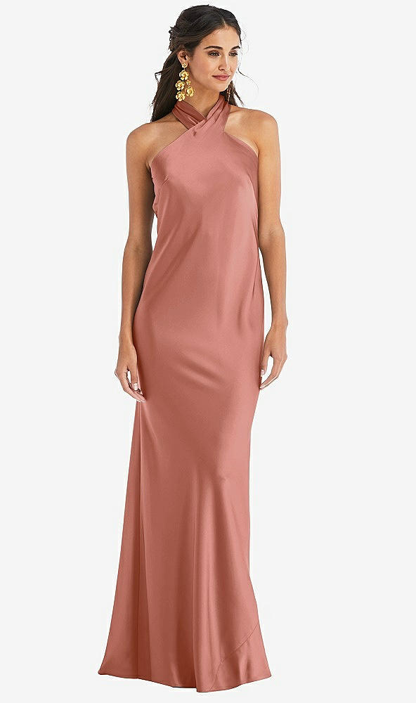 Front View - Desert Rose Draped Twist Halter Tie-Back Trumpet Gown