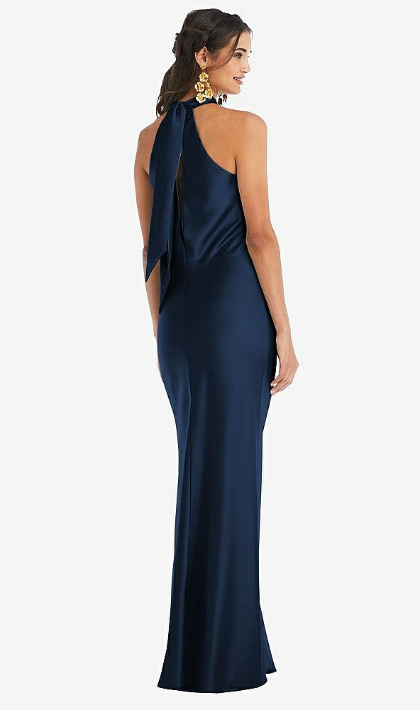 Back View - Midnight Navy Draped Twist Halter Tie-Back Trumpet Gown