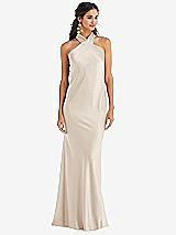 Front View Thumbnail - Oat Draped Twist Halter Tie-Back Trumpet Gown