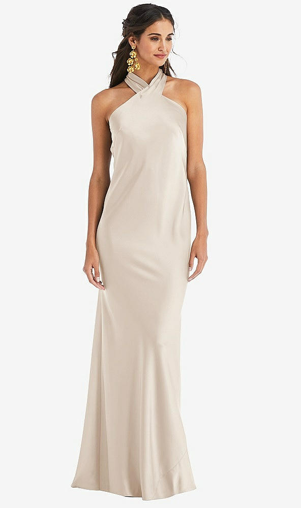 Front View - Oat Draped Twist Halter Tie-Back Trumpet Gown