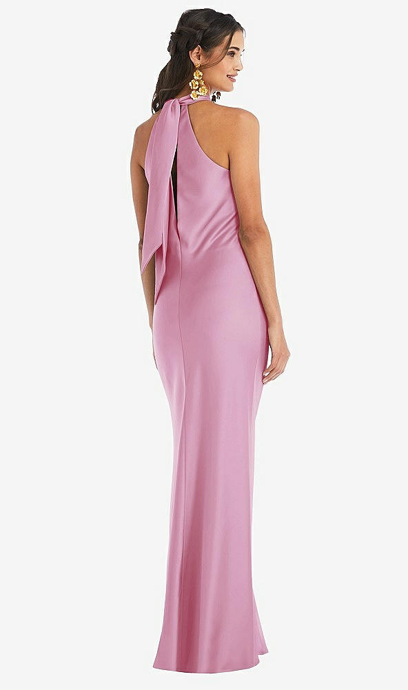 Back View - Powder Pink Draped Twist Halter Tie-Back Trumpet Gown