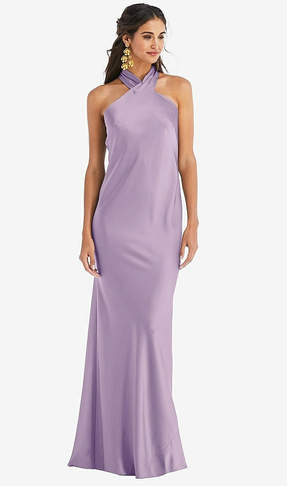 Front View - Pale Purple Draped Twist Halter Tie-Back Trumpet Gown