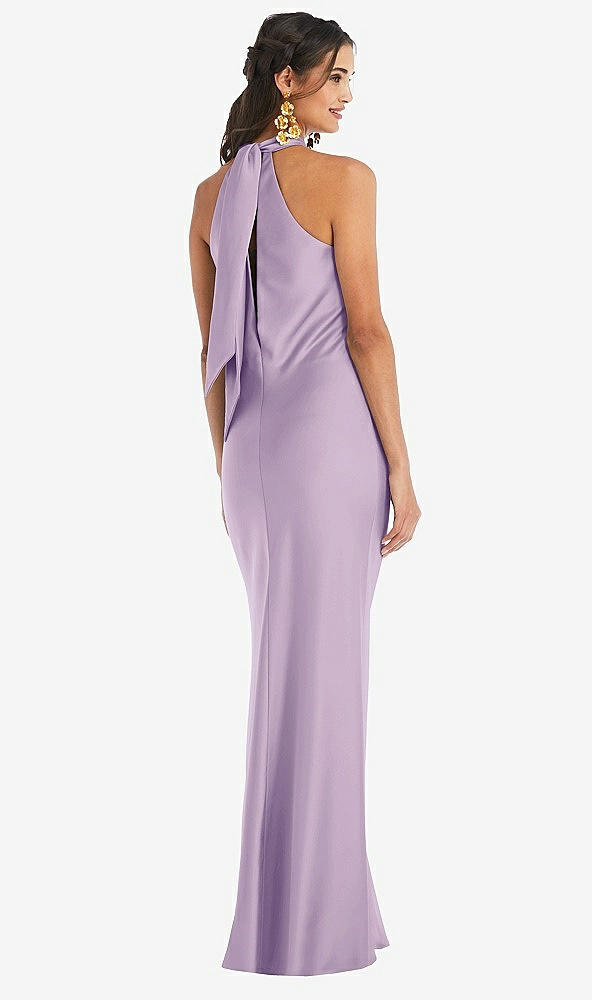 Back View - Pale Purple Draped Twist Halter Tie-Back Trumpet Gown