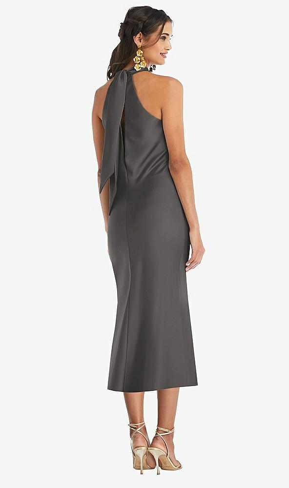 Back View - Caviar Gray Draped Twist Halter Tie-Back Midi Dress - Paloma