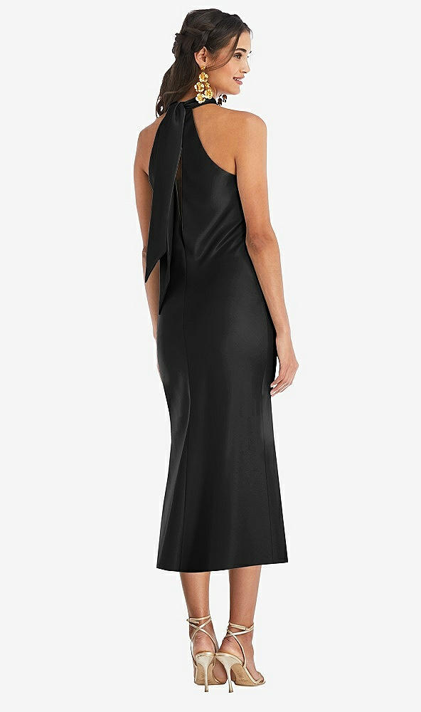 Back View - Black Draped Twist Halter Tie-Back Midi Dress - Paloma