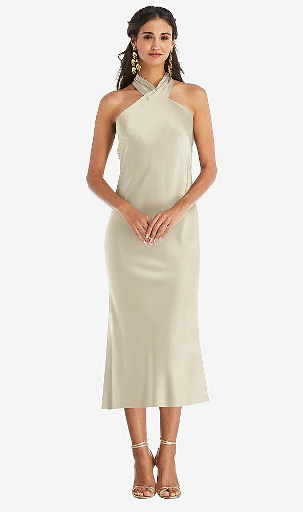 Front View - Champagne Draped Twist Halter Tie-Back Midi Dress - Paloma