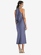 Rear View Thumbnail - French Blue Draped Twist Halter Tie-Back Midi Dress - Paloma