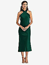 Front View Thumbnail - Hunter Green Draped Twist Halter Tie-Back Midi Dress - Paloma