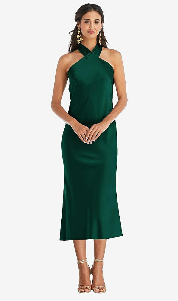 Front View - Hunter Green Draped Twist Halter Tie-Back Midi Dress - Paloma