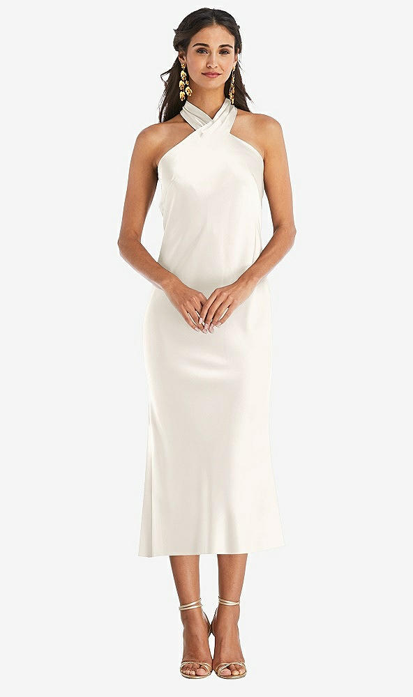 Front View - Ivory Draped Twist Halter Tie-Back Midi Dress - Paloma