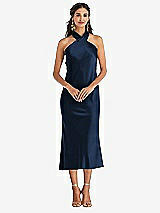 Front View Thumbnail - Midnight Navy Draped Twist Halter Tie-Back Midi Dress - Paloma