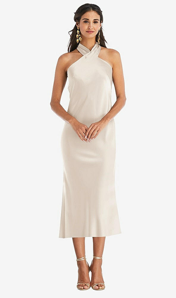 Front View - Oat Draped Twist Halter Tie-Back Midi Dress - Paloma