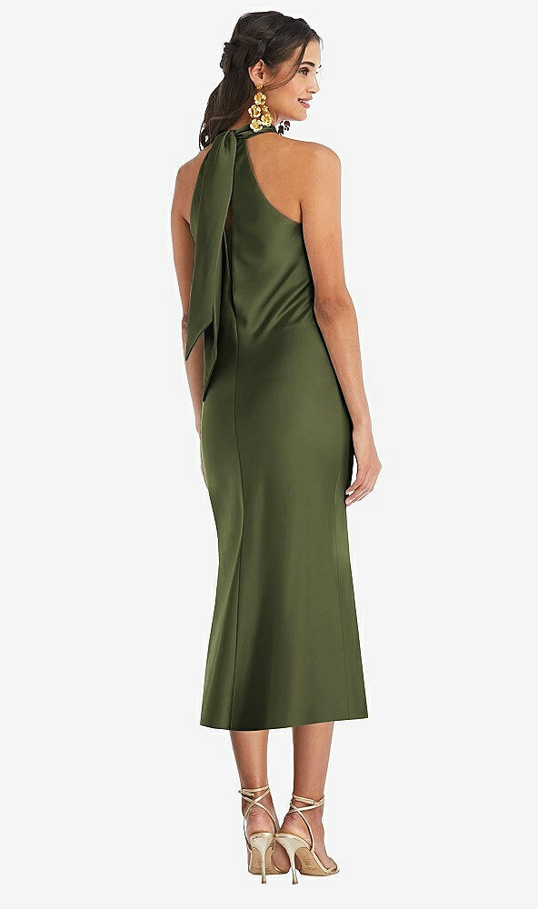 Back View - Olive Green Draped Twist Halter Tie-Back Midi Dress - Paloma