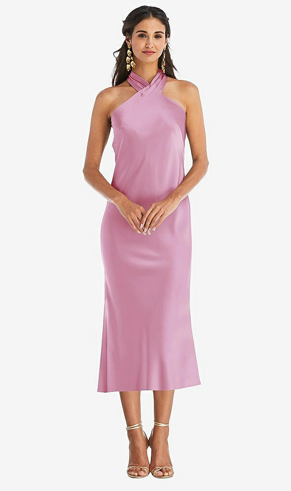 Front View - Powder Pink Draped Twist Halter Tie-Back Midi Dress - Paloma