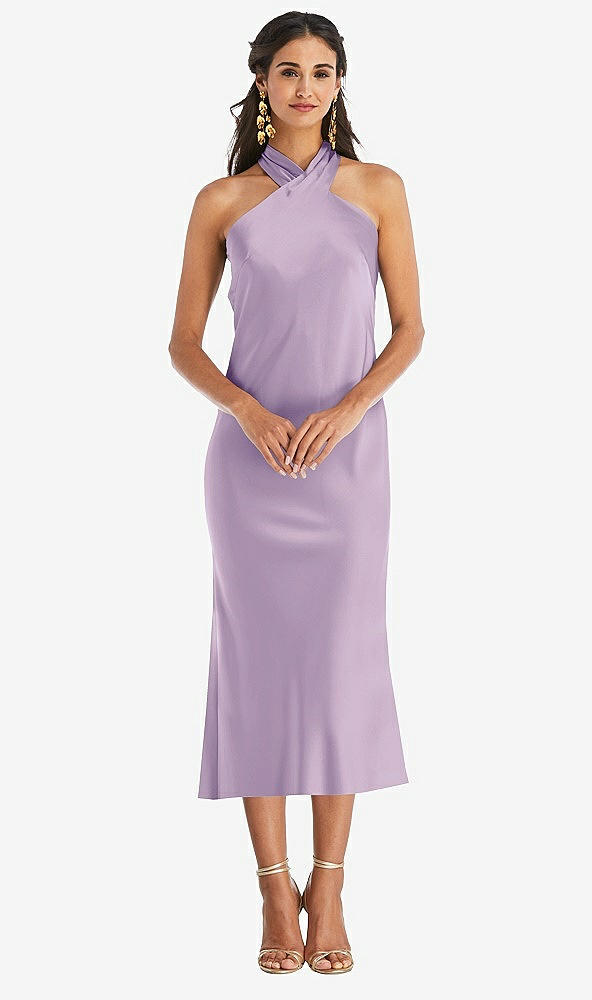 Front View - Pale Purple Draped Twist Halter Tie-Back Midi Dress - Paloma