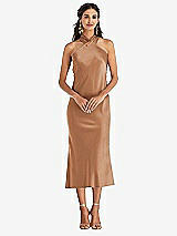 Front View Thumbnail - Toffee Draped Twist Halter Tie-Back Midi Dress - Paloma