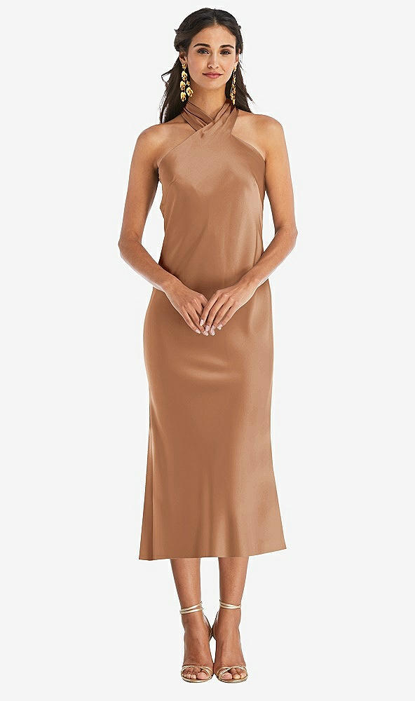 Front View - Toffee Draped Twist Halter Tie-Back Midi Dress - Paloma