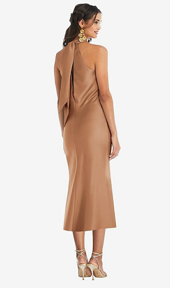 Back View - Toffee Draped Twist Halter Tie-Back Midi Dress - Paloma