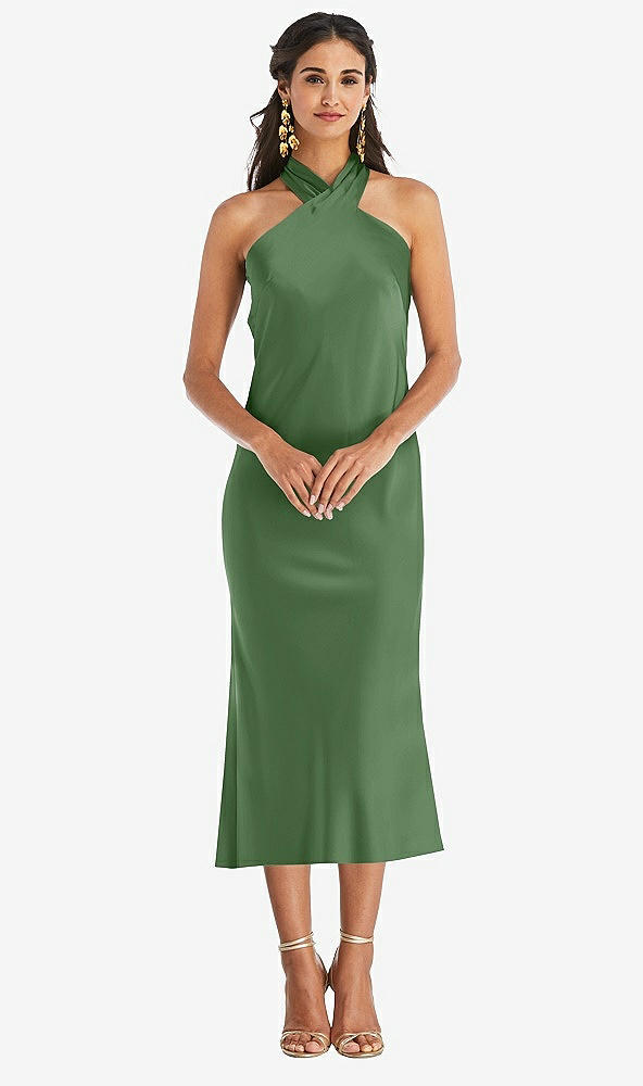 Front View - Vineyard Green Draped Twist Halter Tie-Back Midi Dress - Paloma