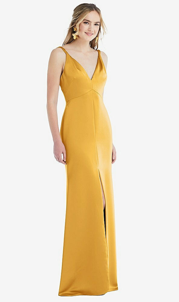 Front View - NYC Yellow Twist Strap Maxi Slip Dress with Front Slit - Neve