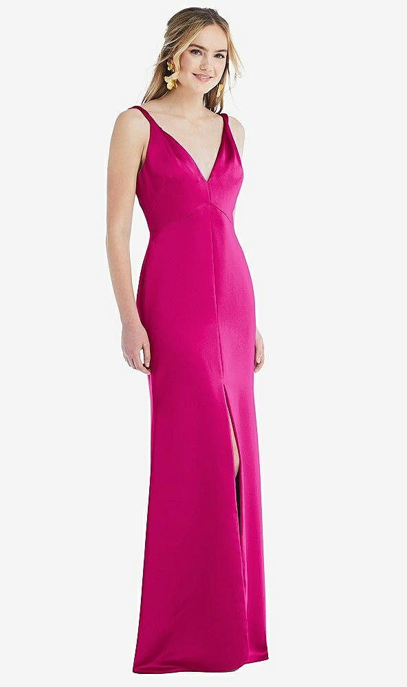 Front View - Think Pink Twist Strap Maxi Slip Dress with Front Slit - Neve