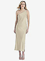 Front View Thumbnail - Champagne One-Shoulder Asymmetrical Midi Slip Dress