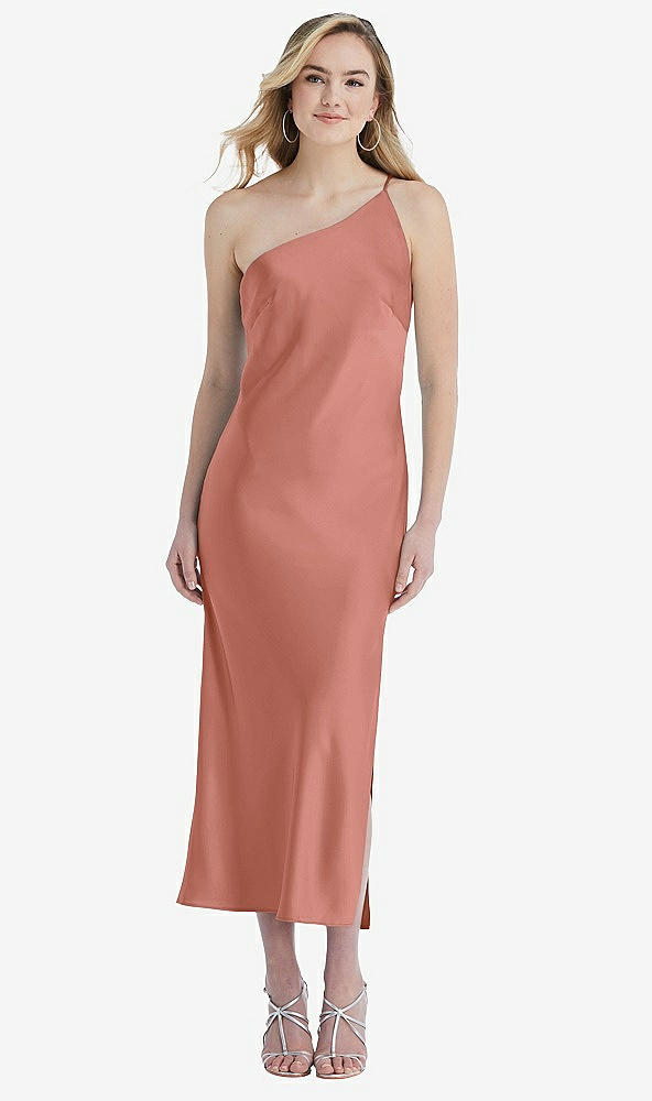 Front View - Desert Rose One-Shoulder Asymmetrical Midi Slip Dress