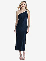 Front View Thumbnail - Midnight Navy One-Shoulder Asymmetrical Midi Slip Dress