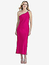 Front View Thumbnail - Think Pink One-Shoulder Asymmetrical Midi Slip Dress