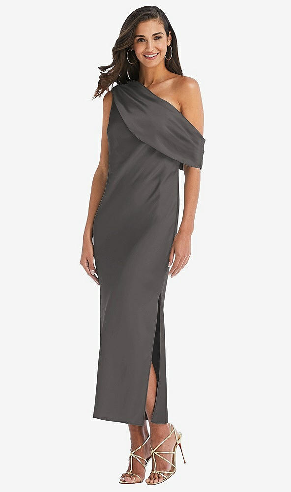 Front View - Caviar Gray Draped One-Shoulder Convertible Midi Slip Dress