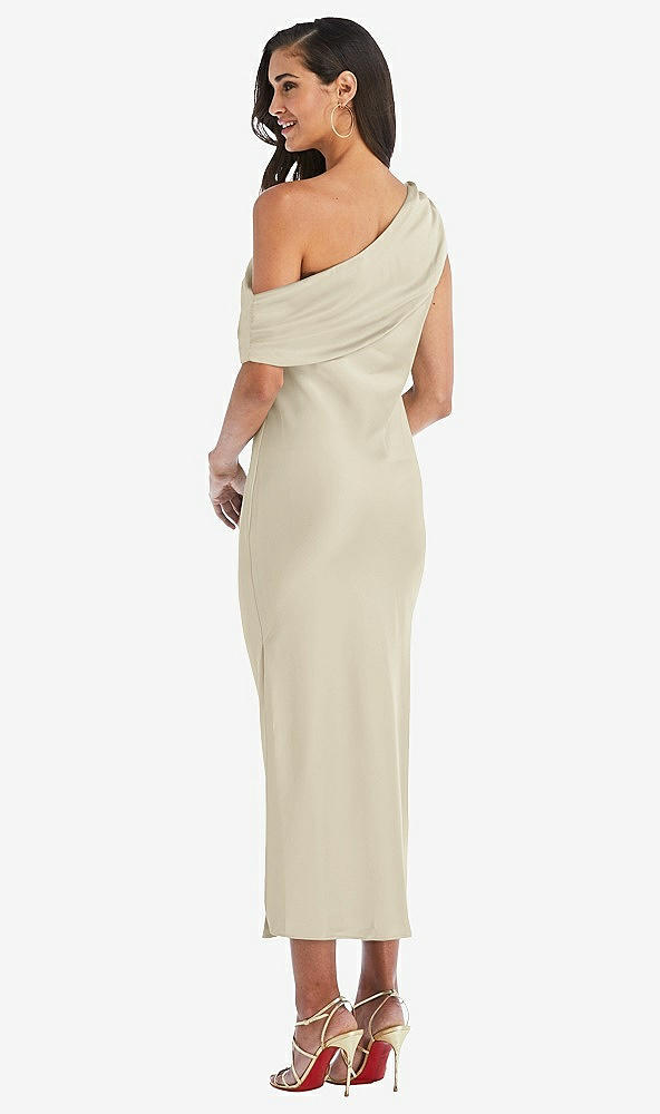 Back View - Champagne Draped One-Shoulder Convertible Midi Slip Dress