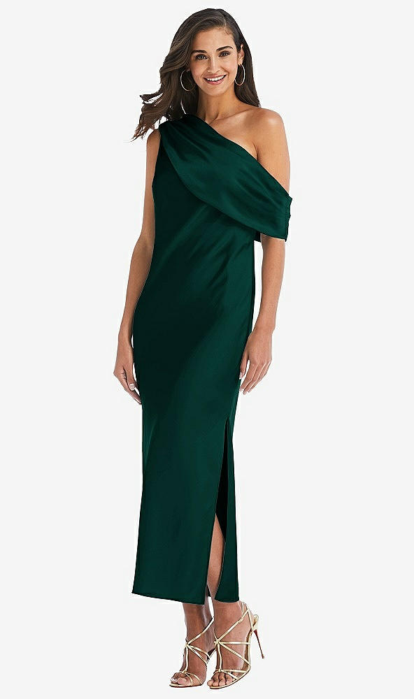 Front View - Evergreen Draped One-Shoulder Convertible Midi Slip Dress