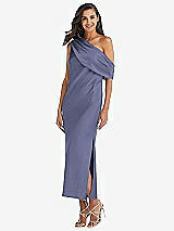 Front View Thumbnail - French Blue Draped One-Shoulder Convertible Midi Slip Dress