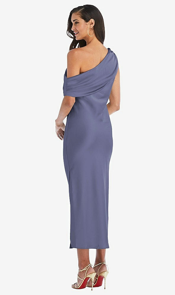 Back View - French Blue Draped One-Shoulder Convertible Midi Slip Dress