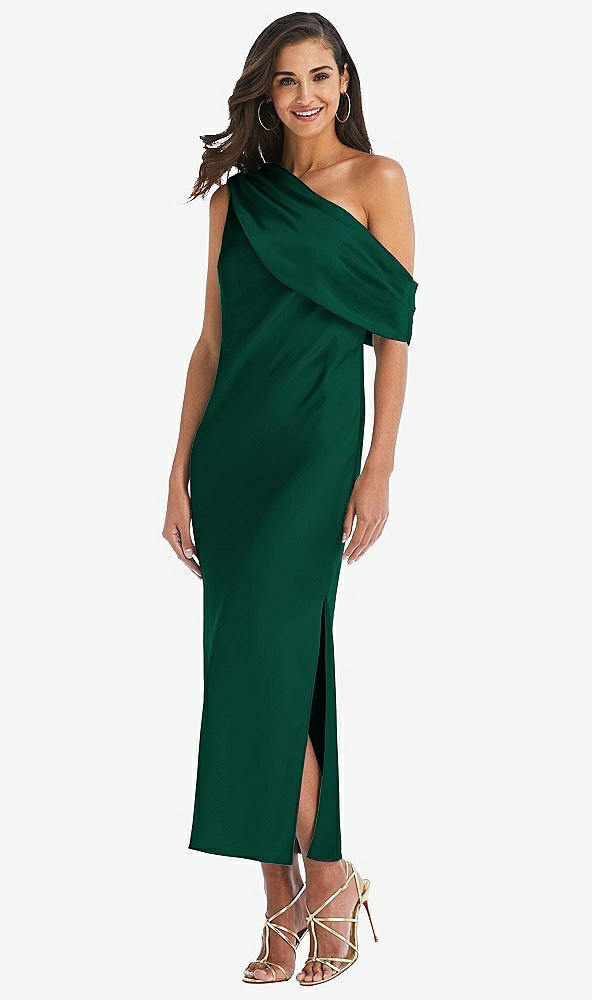 Front View - Hunter Green Draped One-Shoulder Convertible Midi Slip Dress