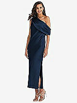 Front View Thumbnail - Midnight Navy Draped One-Shoulder Convertible Midi Slip Dress